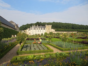 Gärten von Villandry im Sommer, Mahler mitten in den Gemüsengärten und Blumen