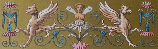 Renaissance décor griffons blancs rinceaux de feuillage bleus, femme et fleurs roses sur fond or